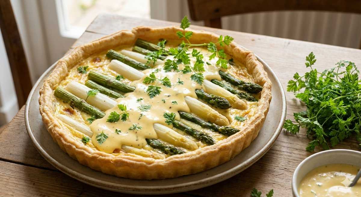 Hartige aspergetaart met bladerdeeg en romige kaassaus Aspergetaart