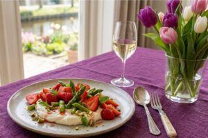 Aardbeien met groene asperges