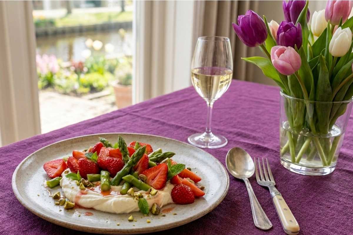 Aardbeien met groene asperges