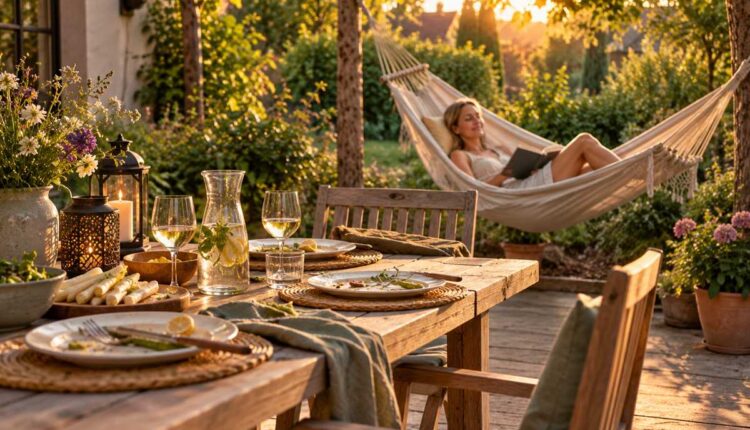 Ontspannen in een hangmat na asperges buiten eten in de tuin
